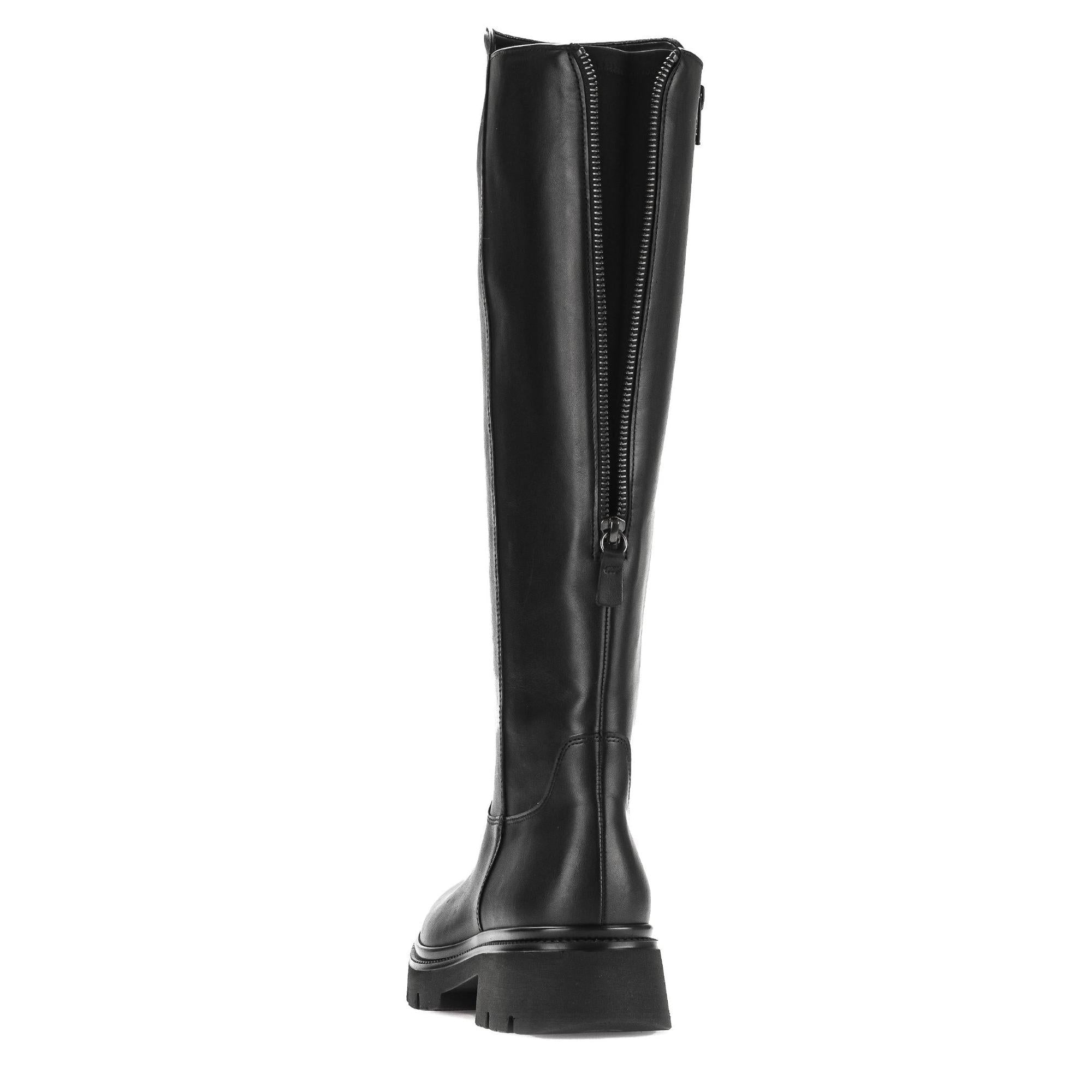 Gabor women's black waxed leather knee-high boots with side zipper, chunky heel, and stylish design.