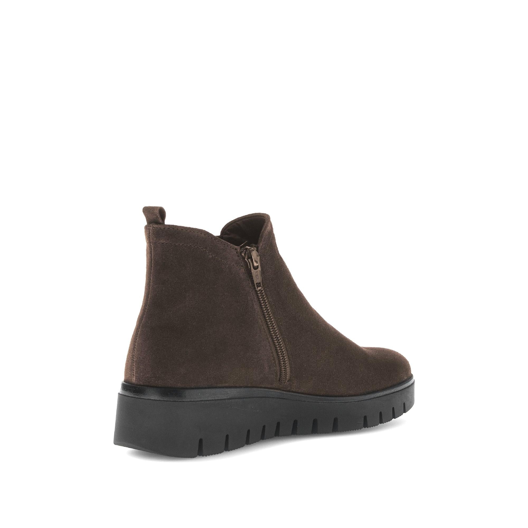 Gabor Dublin Ladies Dark Brown Suede Side Zip Ankle Boots with chunky black sole and pull tab.