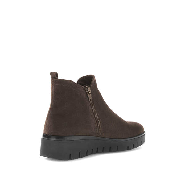 Gabor Dublin Ladies Dark Brown Suede Side Zip Ankle Boots with chunky black sole and pull tab.