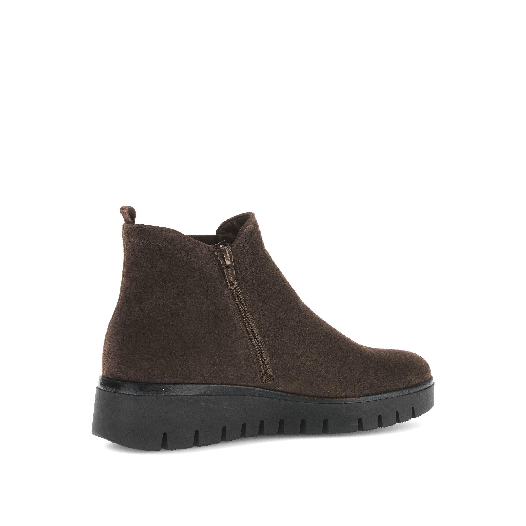 Gabor Dublin Ladies Dark Brown Suede Ankle Boots with Side Zipper and Chunky Sole.