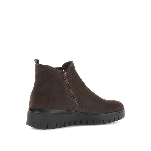 Gabor Dublin Ladies Dark Brown Suede Ankle Boots with Side Zipper and Chunky Sole.