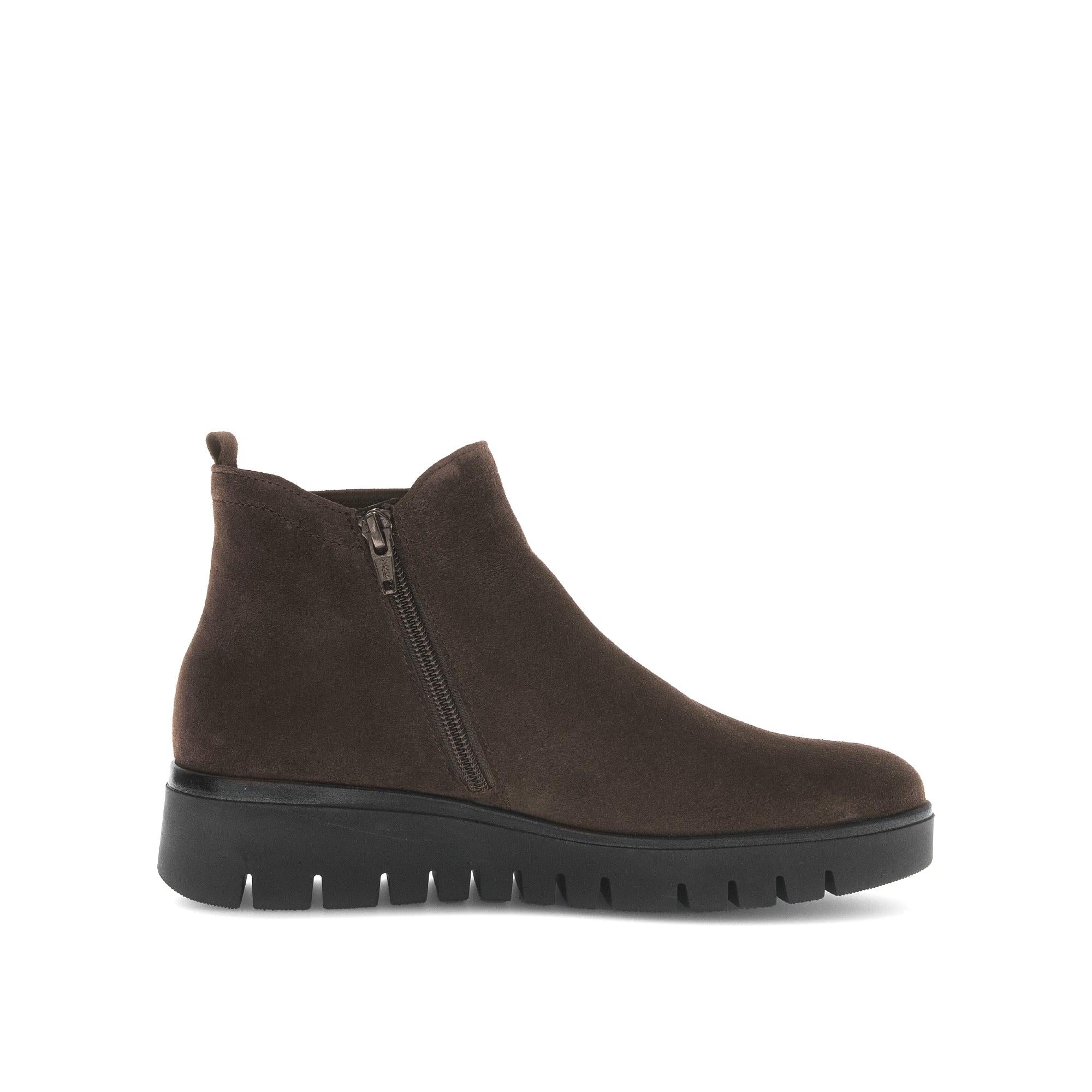 Gabor Dublin Ladies Dark Brown Suede Side Zip Ankle Boots with chunky sole and low heel.