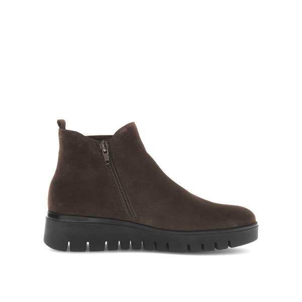 Gabor Dublin Ladies Dark Brown Suede Side Zip Ankle Boots with chunky sole and low heel.