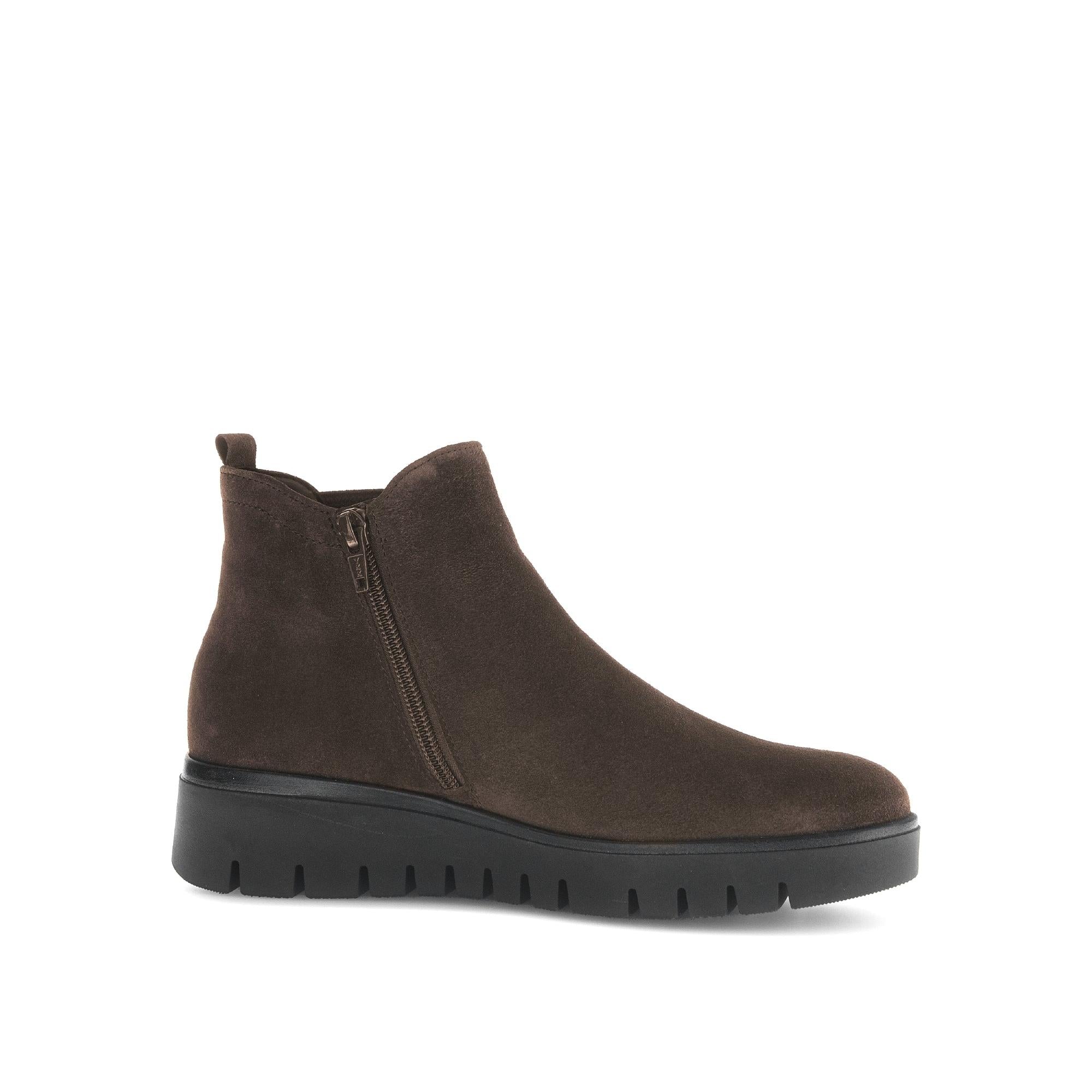 Gabor Dublin women's dark brown suede ankle boots with side zipper and chunky black sole.