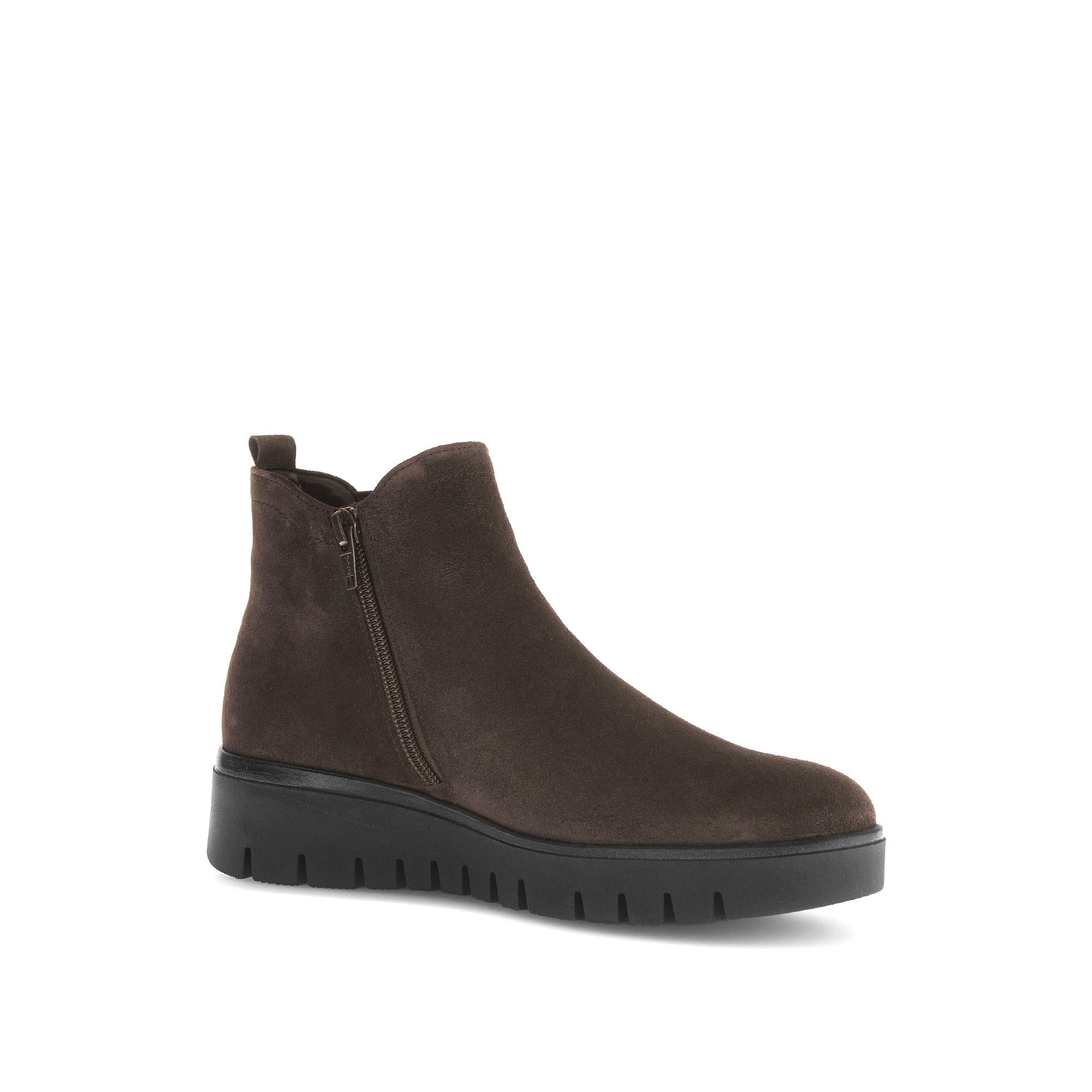 Gabor Dublin ladies' dark brown suede ankle boots with side zipper and chunky black sole.