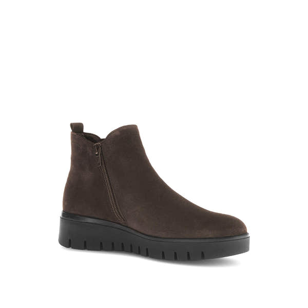Gabor Dublin ladies' dark brown suede ankle boots with side zipper and chunky black sole.