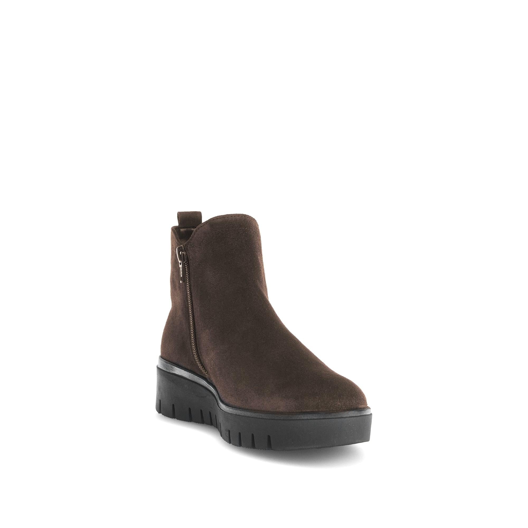 Gabor Dublin Ladies Dark Brown Suede Ankle Boots with side zipper, chunky sole, and pull tab, stylish and versatile footwear.