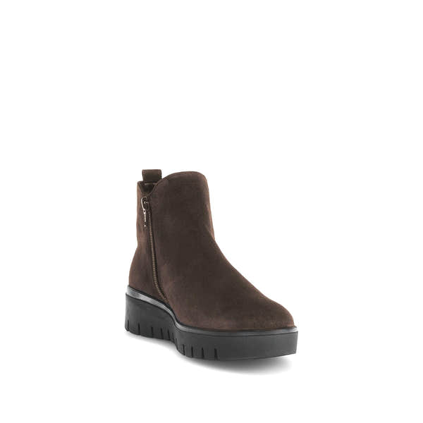 Gabor Dublin Ladies Dark Brown Suede Ankle Boots with side zipper, chunky sole, and pull tab, stylish and versatile footwear.