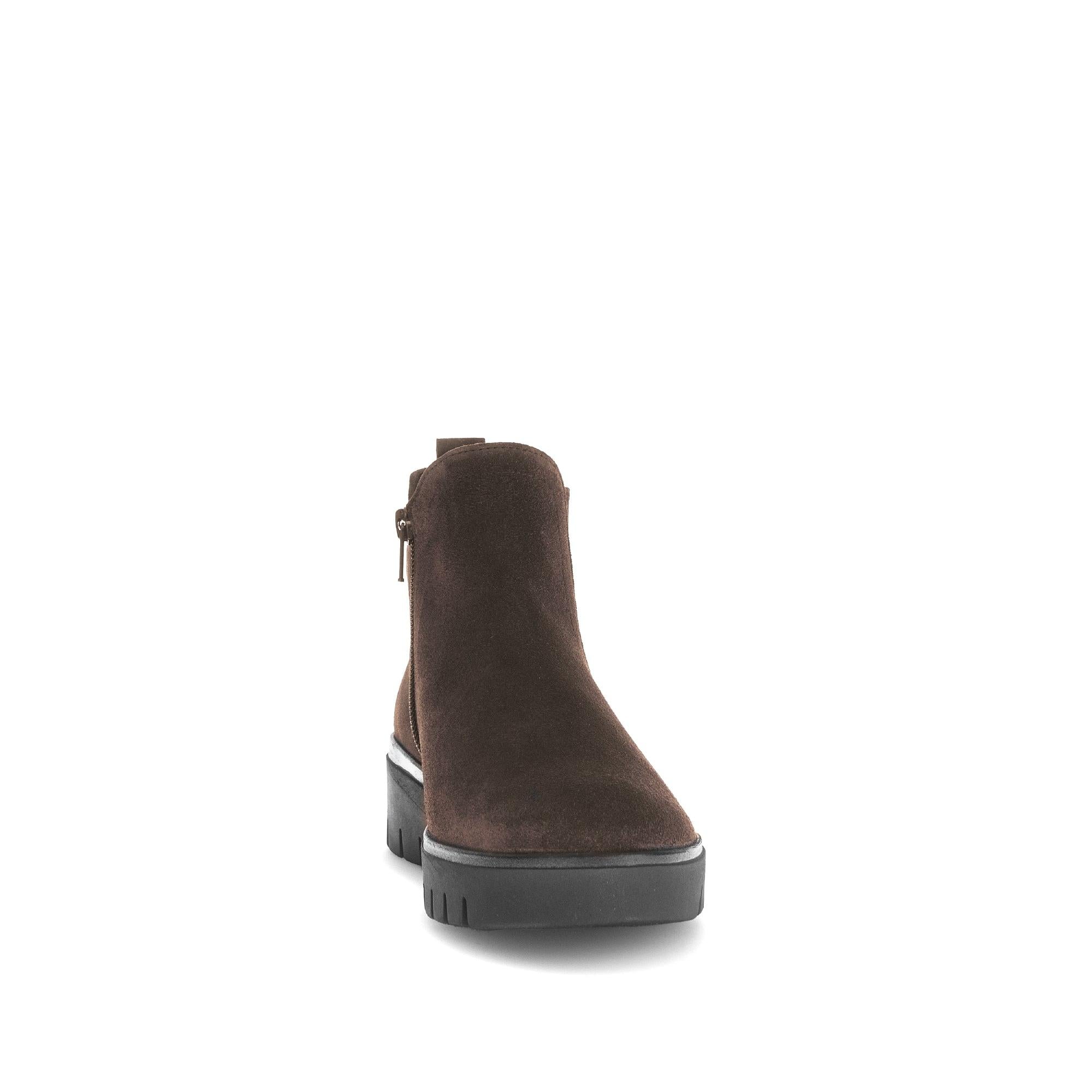Gabor Dublin Ladies Dark Brown Suede Side Zip Ankle Boots with chunky heel and rugged sole.