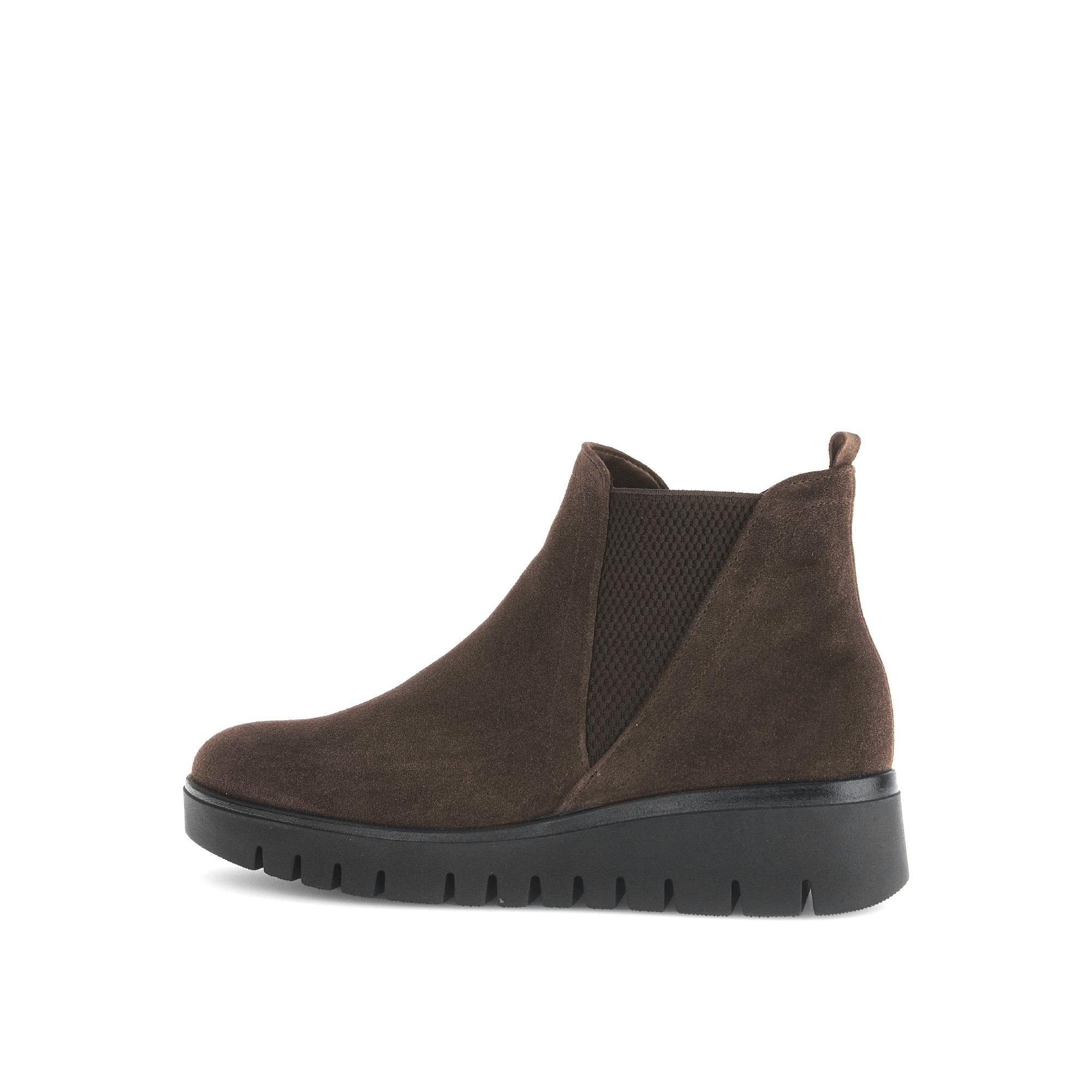 Gabor Dublin women's dark brown suede ankle boots with side zipper and slip-resistant black rubber sole.