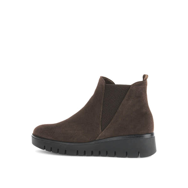 Gabor Dublin women's dark brown suede ankle boots with side zipper and slip-resistant black rubber sole.