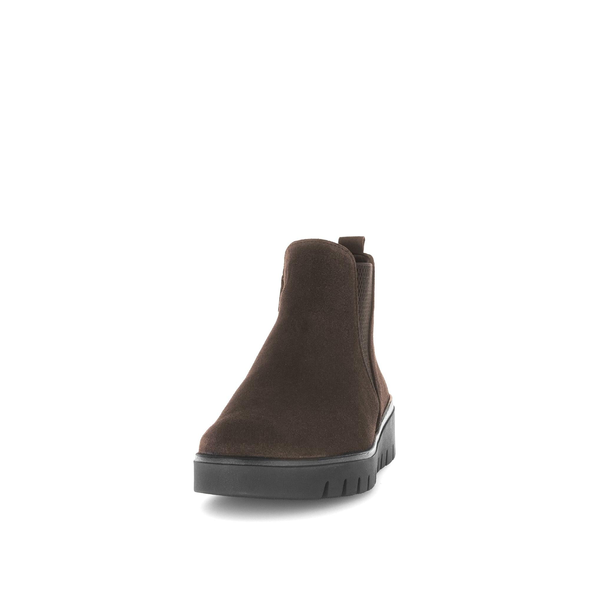 Gabor Dublin Ladies Dark Brown Suede Side Zip Ankle Boots with a chunky sole and sleek design.