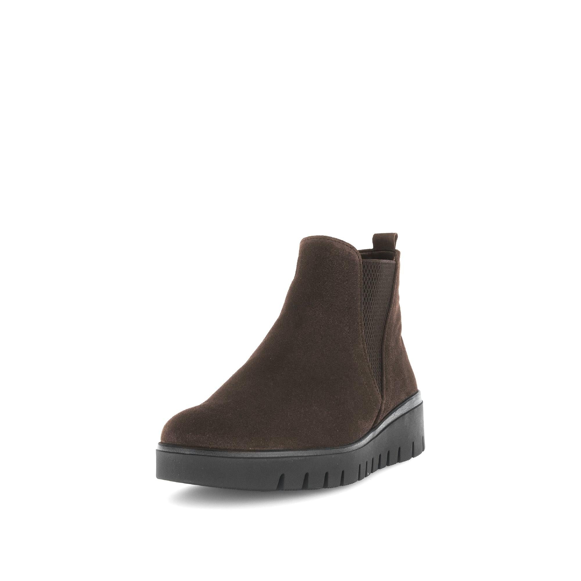 Gabor Dublin women's dark brown suede ankle boot with side zipper and chunky rubber sole.