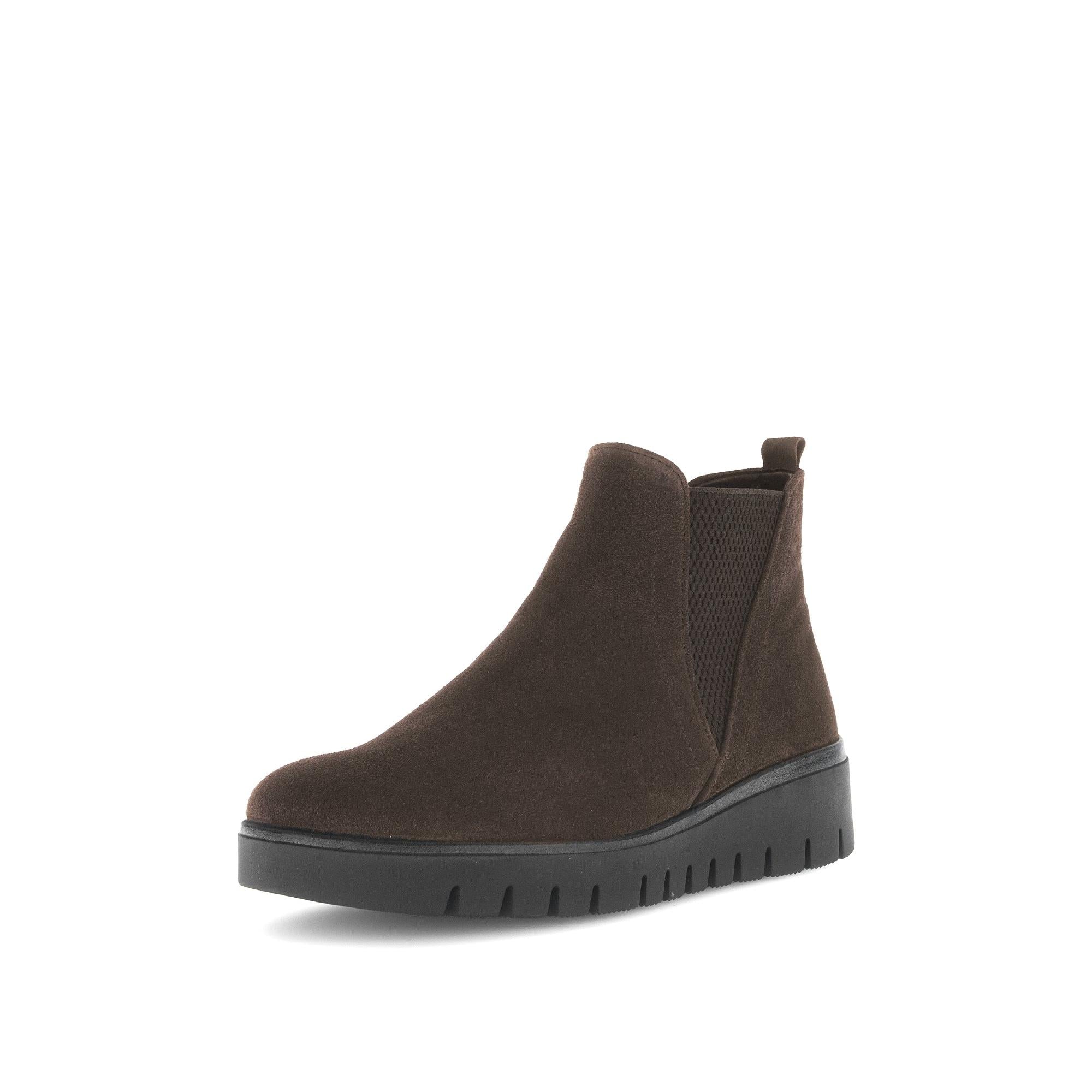 Gabor Dublin women's dark brown suede ankle boots with side zipper and slip-resistant black sole.