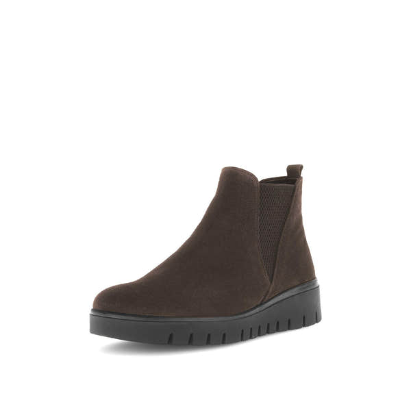 Gabor Dublin women's dark brown suede ankle boots with side zipper and slip-resistant black sole.