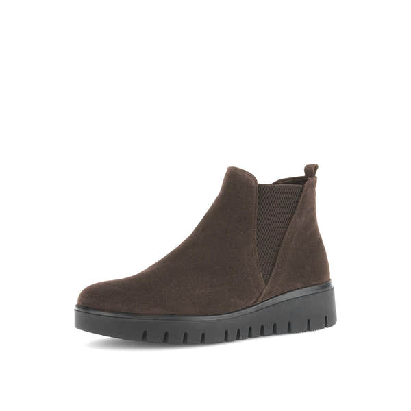 Gabor Dublin Ladies Dark Brown Suede Side Zip Ankle Boots with black rubber sole and elastic side panel.