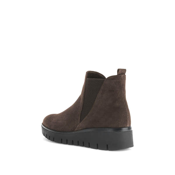 Gabor Dublin women's dark brown suede ankle boots with side zipper and chunky black sole.