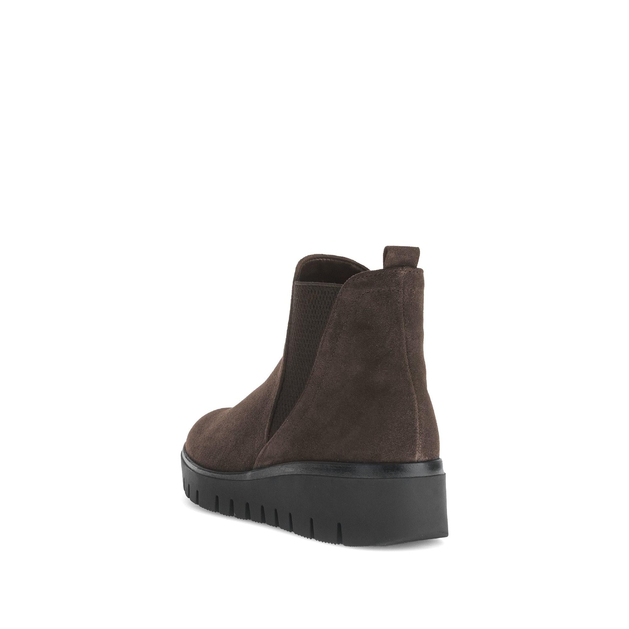 Gabor Dublin women's dark brown suede ankle boots with side zipper, side elastic panel, and chunky black sole.