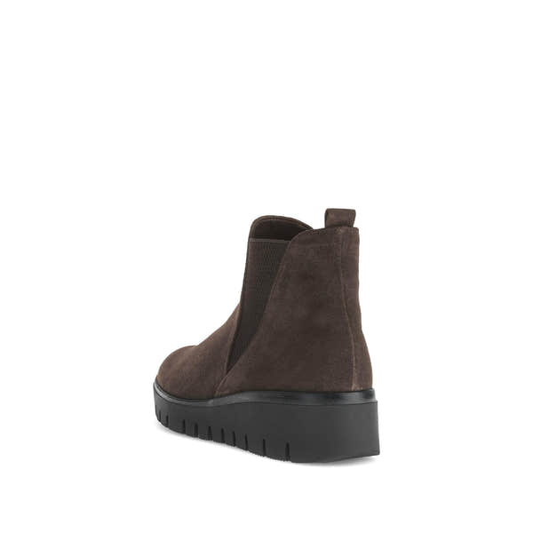 Gabor Dublin women's dark brown suede ankle boots with side zipper, side elastic panel, and chunky black sole.
