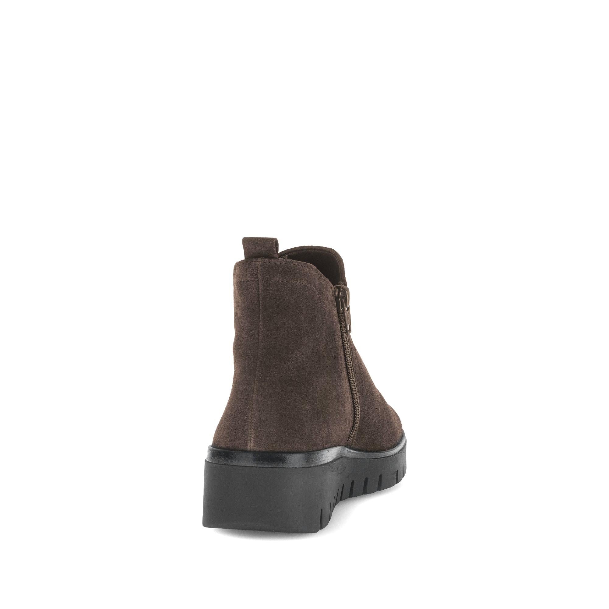 Gabor Dublin Ladies Dark Brown Suede Side Zip Ankle Boots with chunky black sole and pull tab, stylish fall footwear.