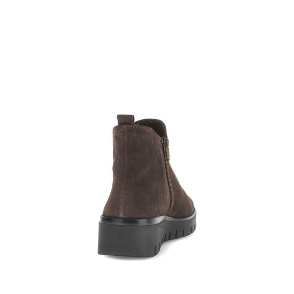 Gabor Dublin Ladies Dark Brown Suede Side Zip Ankle Boots with chunky black sole and pull tab, stylish fall footwear.