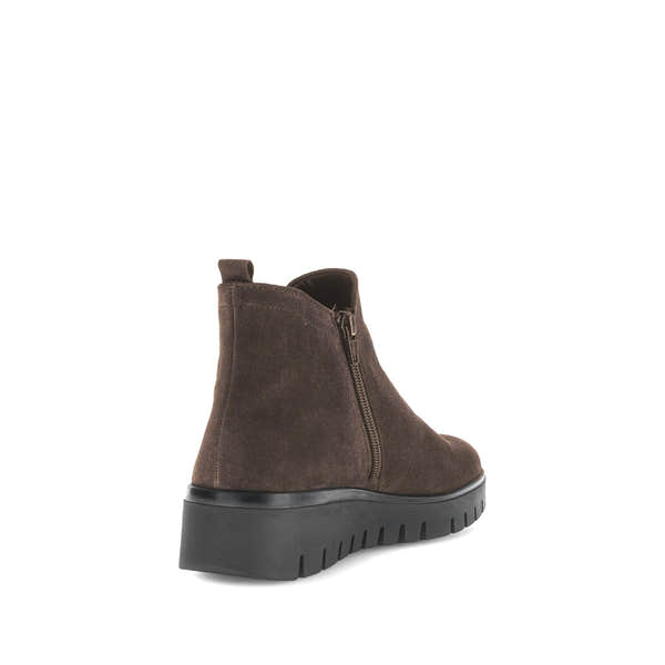 Gabor Dublin Ladies Dark Brown Suede Side-Zip Ankle Boots with chunky black sole and pull-tab back.