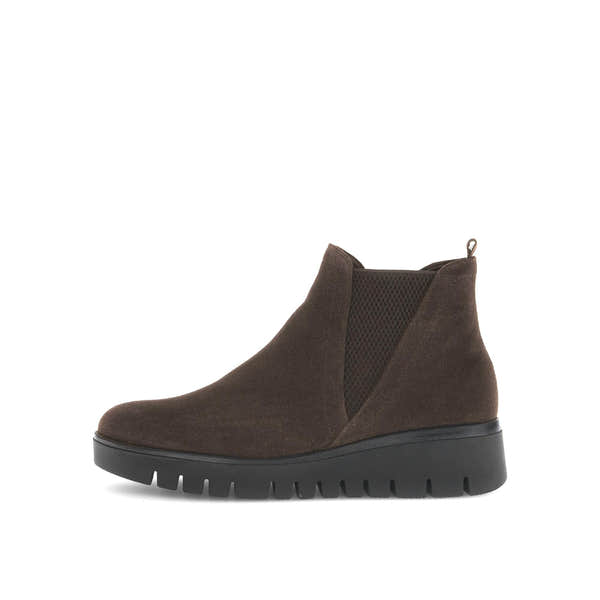 Gabor Dublin women's dark brown suede ankle boots with side zipper and chunky black sole.