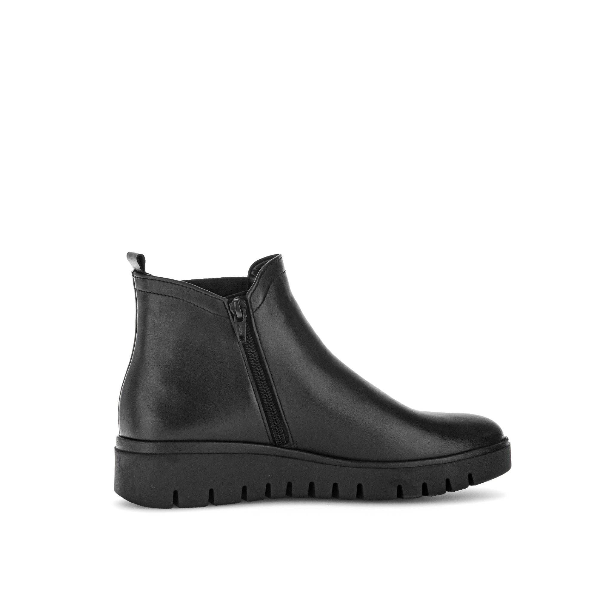 Gabor Dublin Ladies Black Waxed Leather Side Zip Ankle Boots with chunky sole and slip-on design.