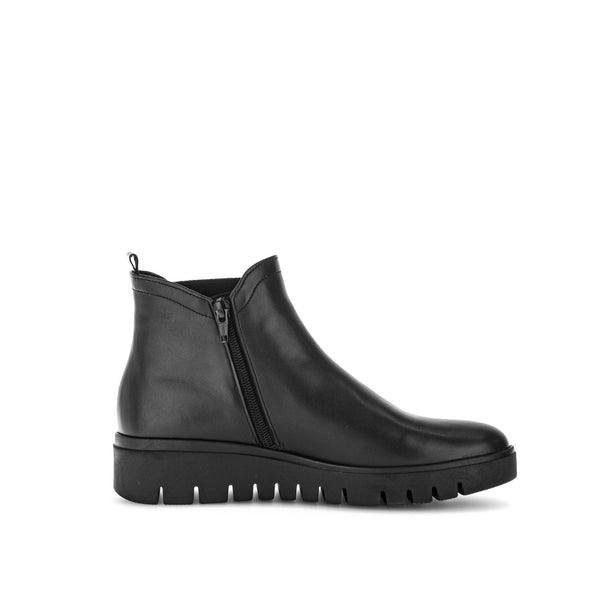 Gabor Dublin Ladies Black Waxed Leather Side Zip Ankle Boots with chunky sole and sleek design.