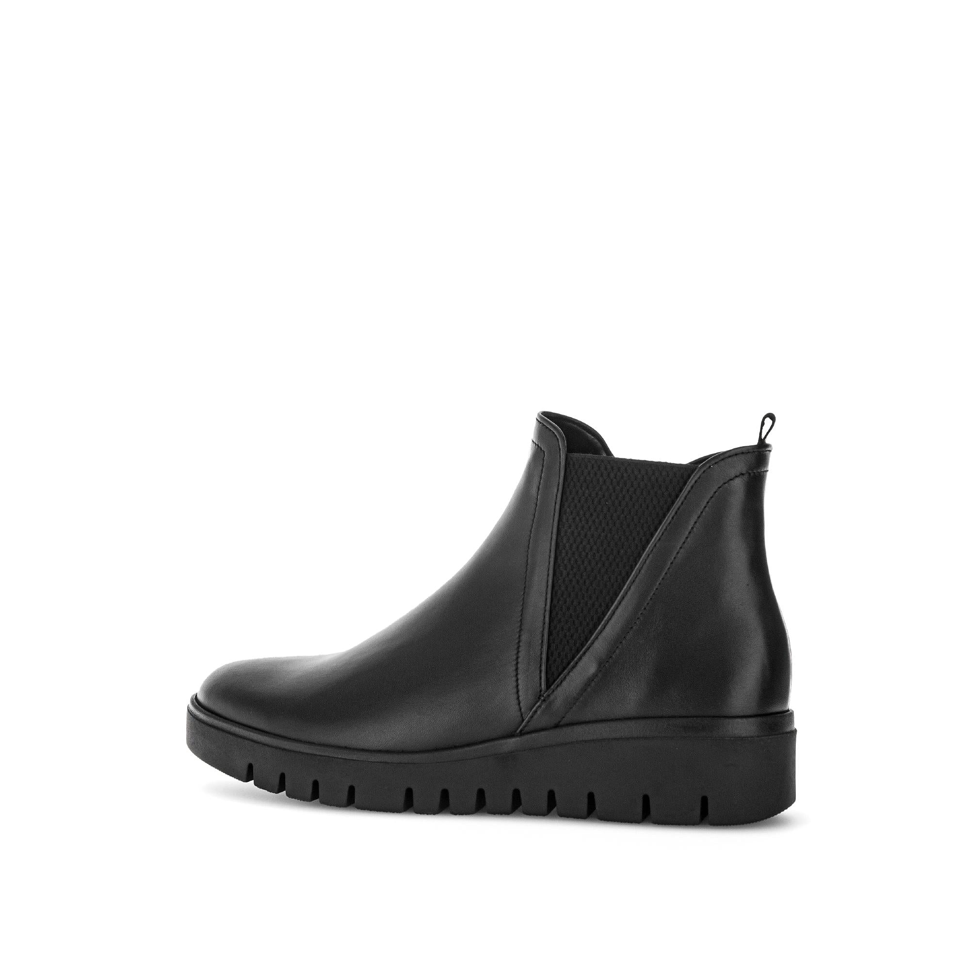 Gabor Dublin Women's Black Waxed Leather Side Zip Ankle Boots with chunky sole and elastic side panels.