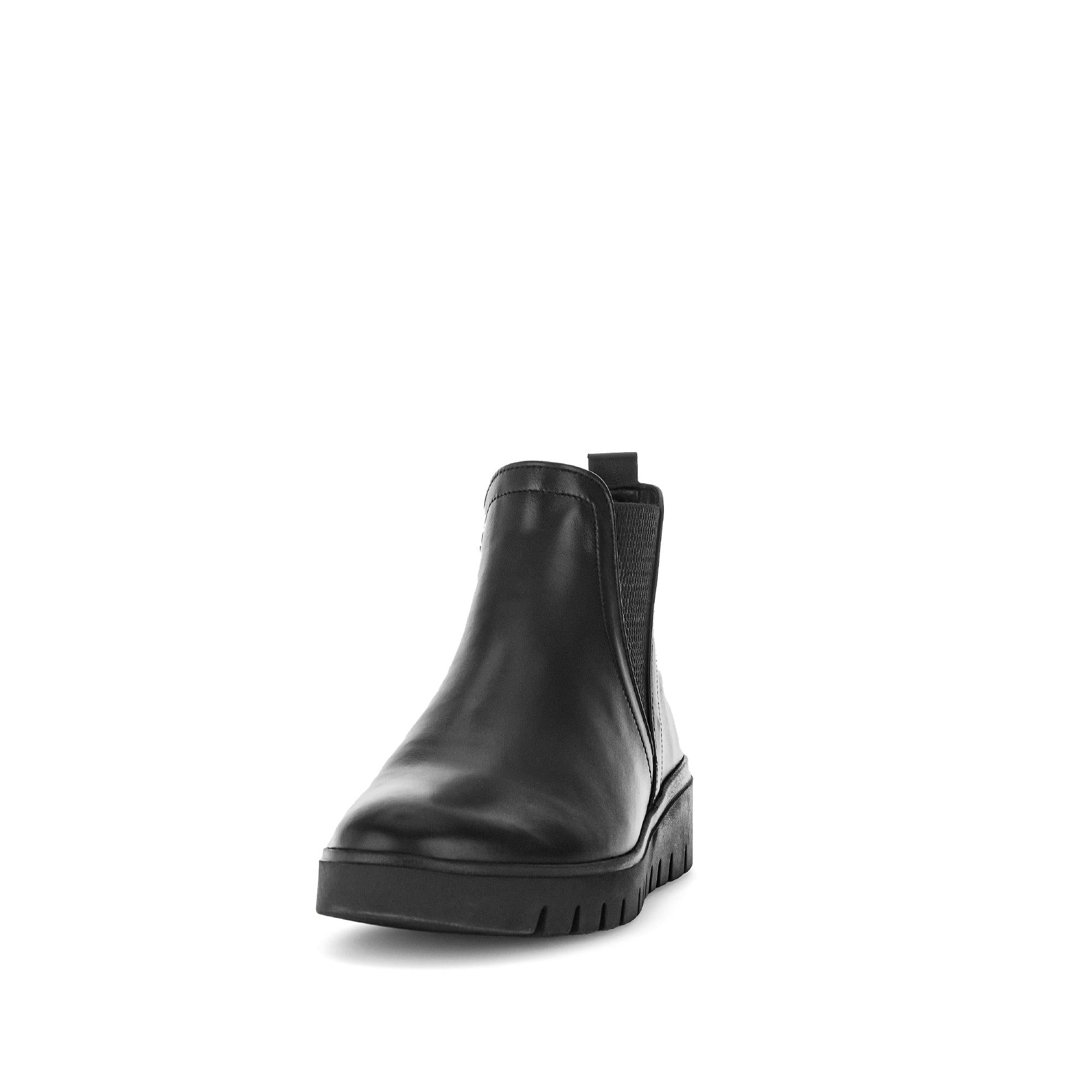 Gabor Dublin Ladies Black Waxed Leather Side Zip Ankle Boots with chunky sole and elastic side panels.