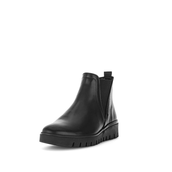 Gabor Dublin Ladies Black Waxed Leather Side Zip Ankle Boots with chunky sole and pull tab on back.