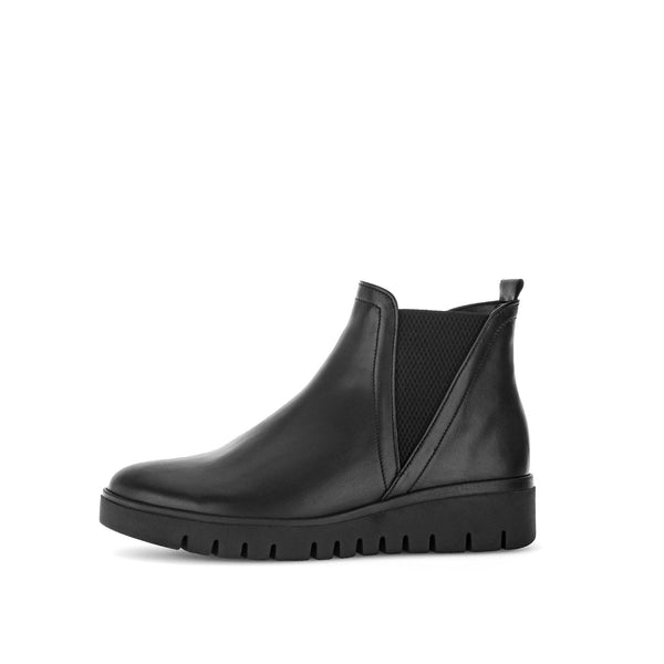 Gabor Dublin Ladies Black Waxed Leather Side Zip Ankle Boots with chunky sole and elastic side panel.