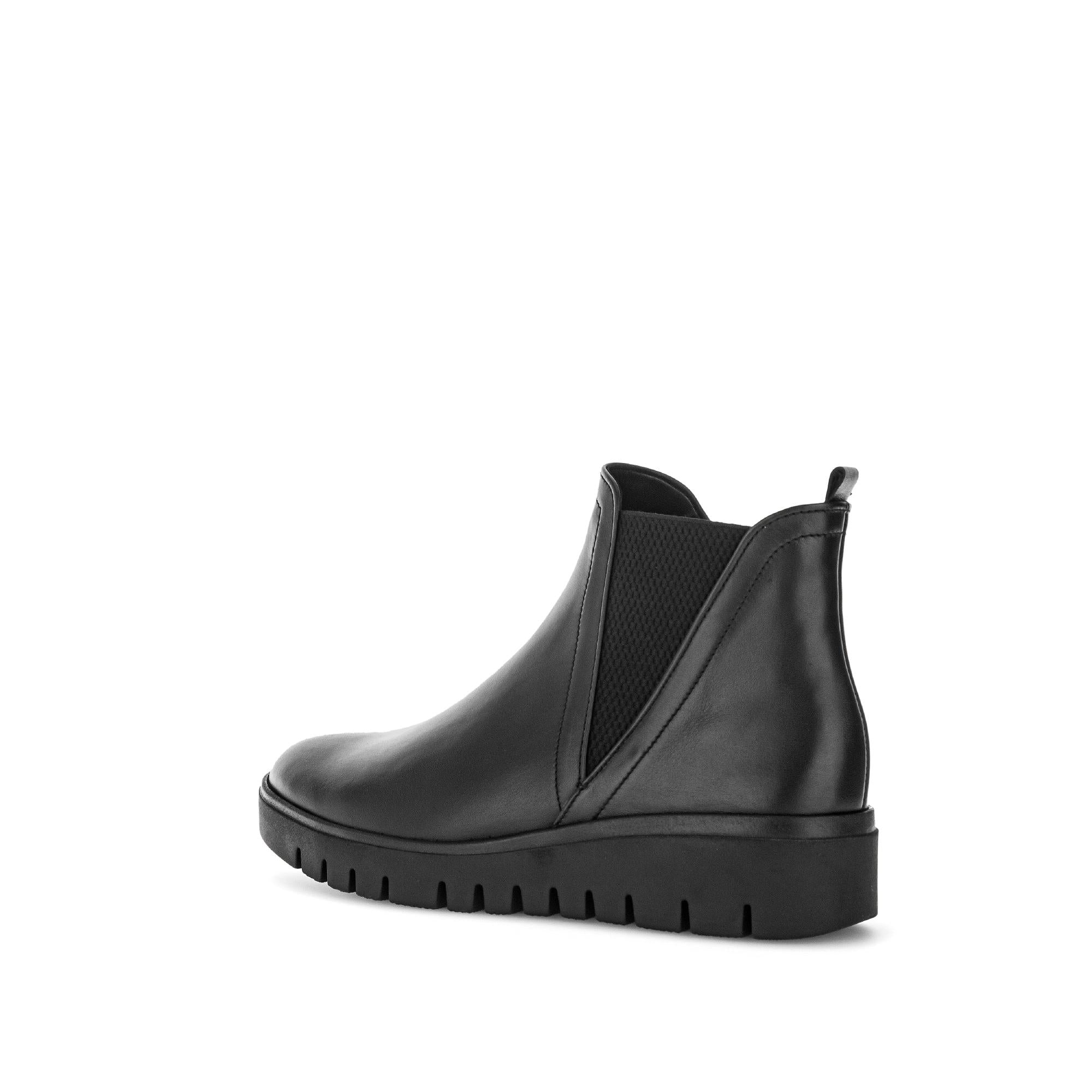 Gabor Dublin Women's Black Waxed Leather Side Zip Ankle Boots with chunky sole, elastic side panel, and pull tab.