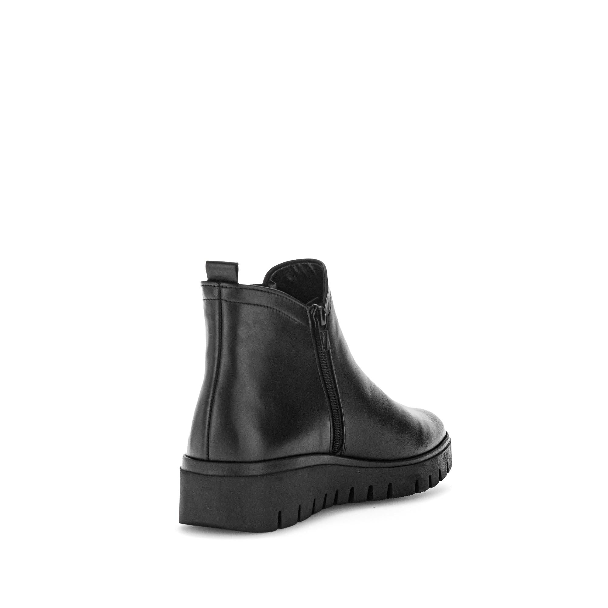 Gabor Dublin Ladies Black Waxed Leather Side Zip Ankle Boots with chunky outsole and pull tab detail.