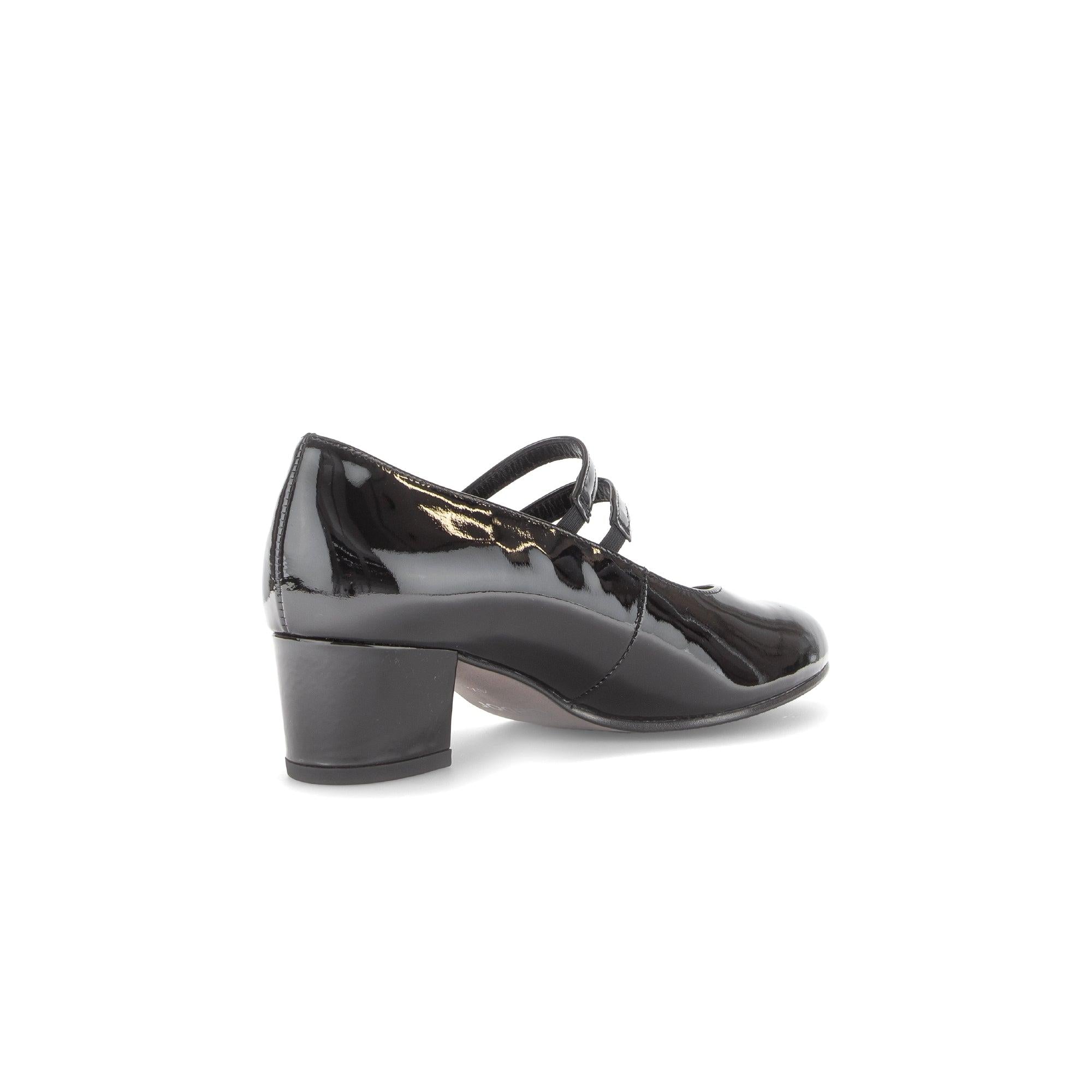 Gabor Belva women's black patent leather buckle heel shoes with mid-height block heel.