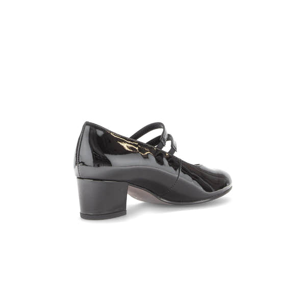 Gabor Belva women's black patent leather buckle heel shoes with mid-height block heel.