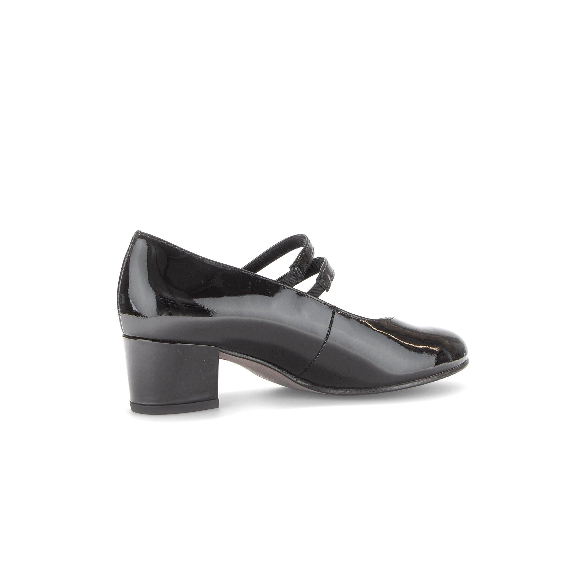 Gabor Belva women's black patent leather buckle heels with low block heel and strap detail.