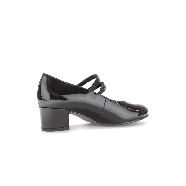 Gabor Belva women's black patent leather buckle heels with low block heel and strap detail.