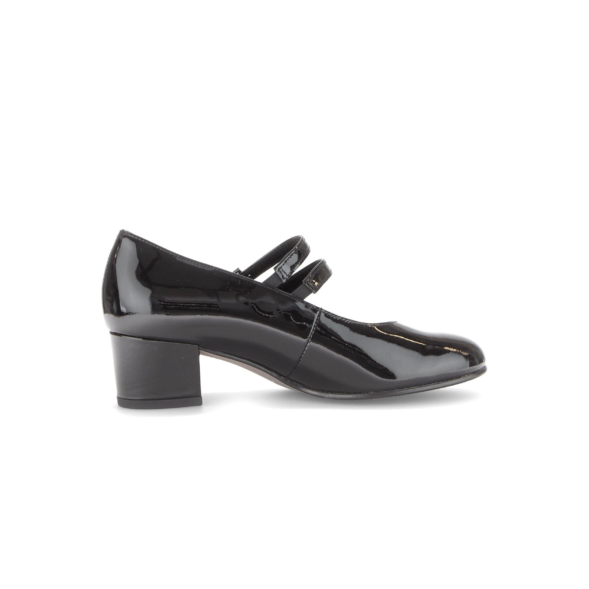 Gabor Belva women's black patent leather buckle heels with low block heel and double strap design.