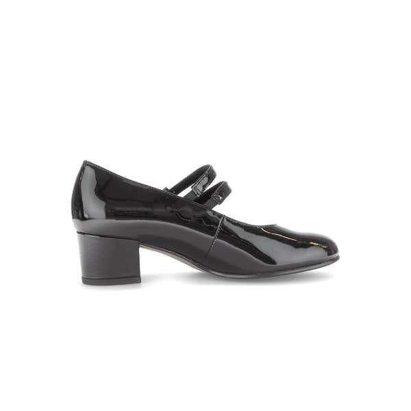Gabor Belva women's black patent leather buckle heels with low block heel and double strap design.