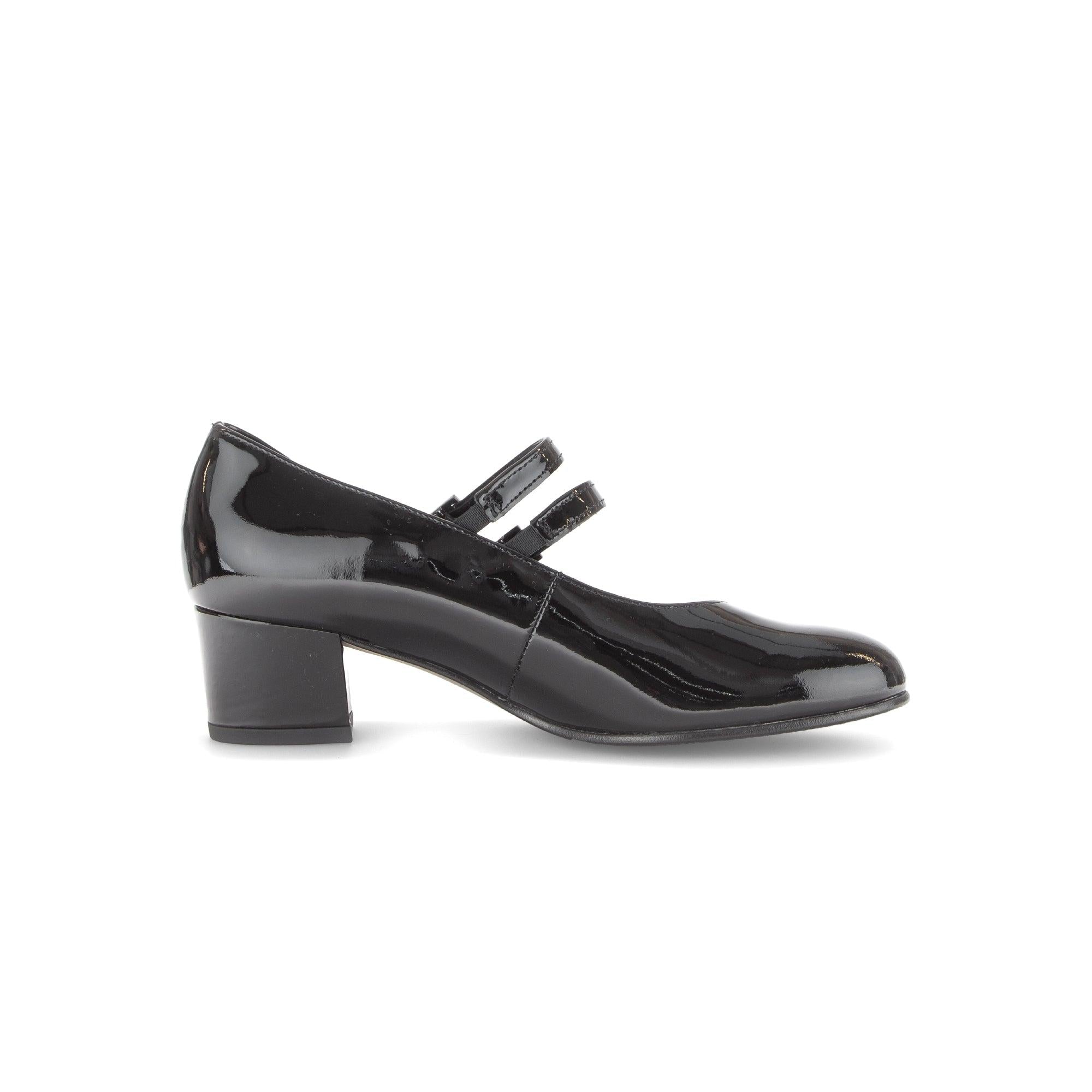 Gabor Belva women's black patent leather buckle heels with block heel and double strap detail.