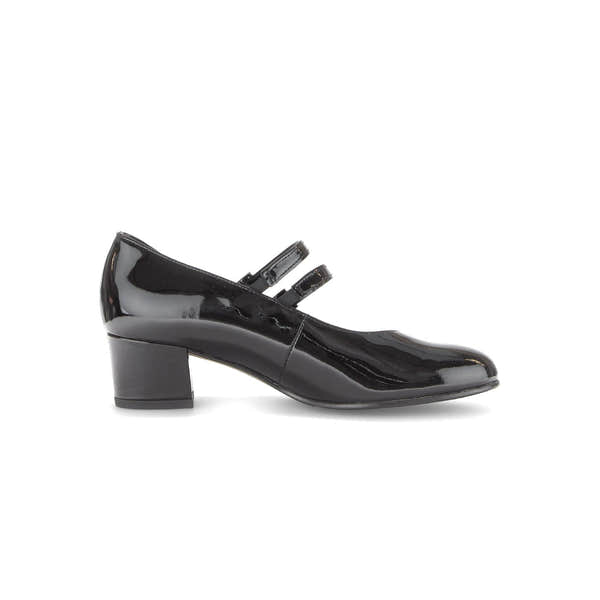 Gabor Belva women's black patent leather buckle heels with block heel and double strap detail.