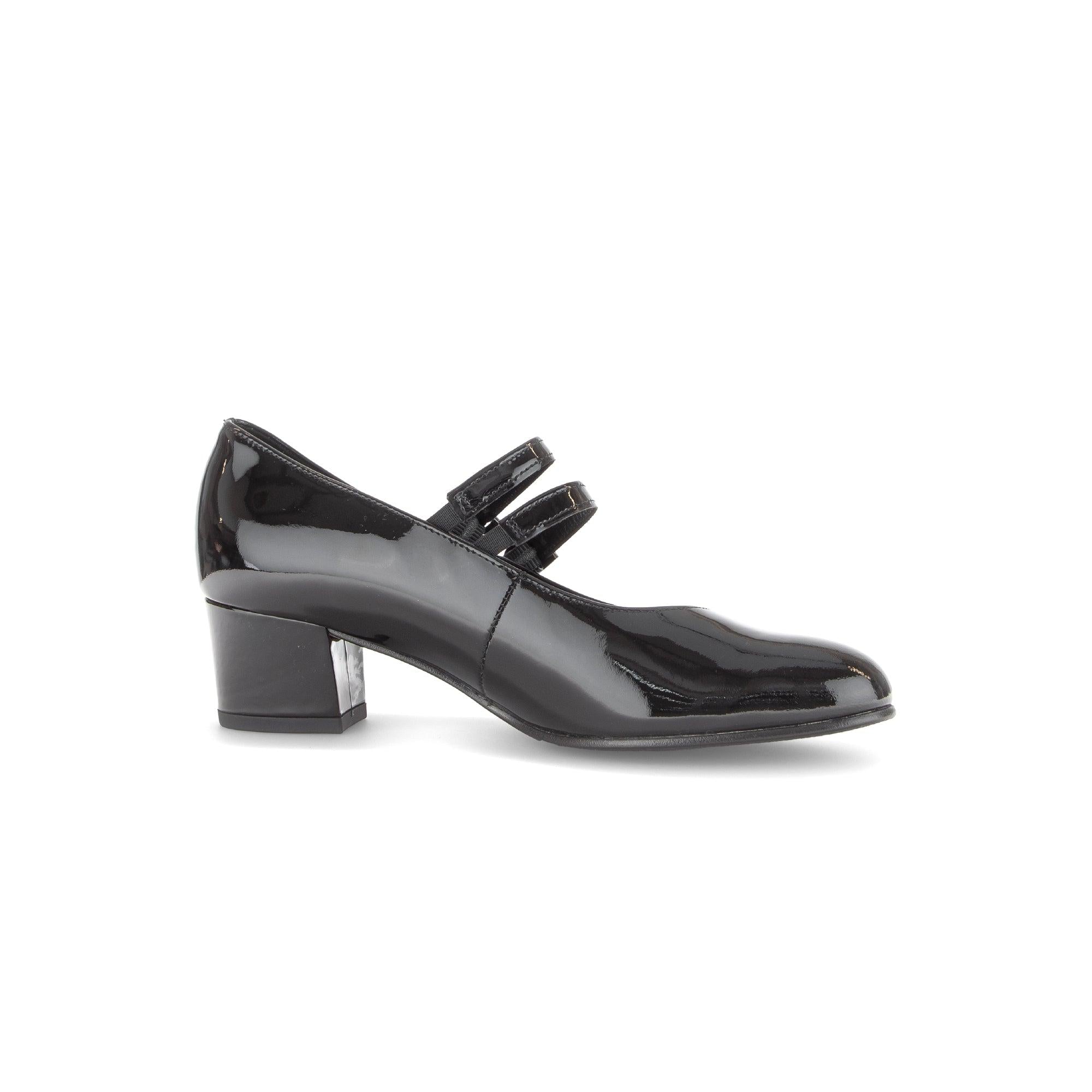 Gabor Belva women's black patent leather buckle heels with block heel and pointed toe.