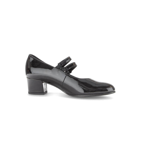 Gabor Belva women's black patent leather buckle heels with block heel and pointed toe.