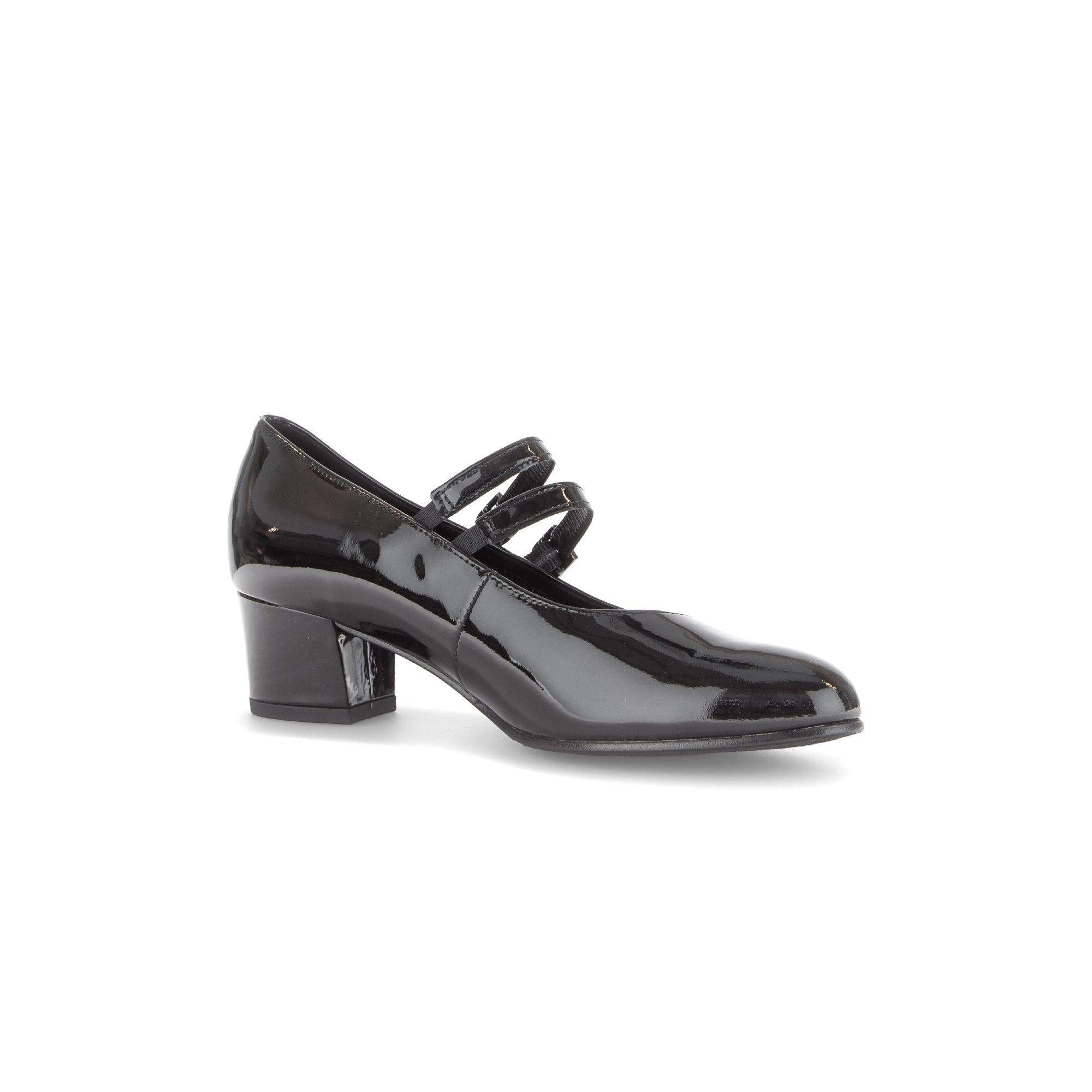 Gabor Belva Ladies Black Patent Leather Buckle Heels with Block Heel and T-Strap Design