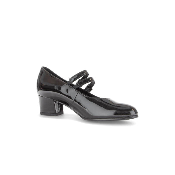 Gabor Belva Ladies Black Patent Leather Buckle Heels with Block Heel and T-Strap Design