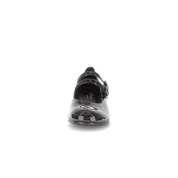 Gabor Belva women's black patent leather buckle heels, front view with glossy finish and ankle strap.
