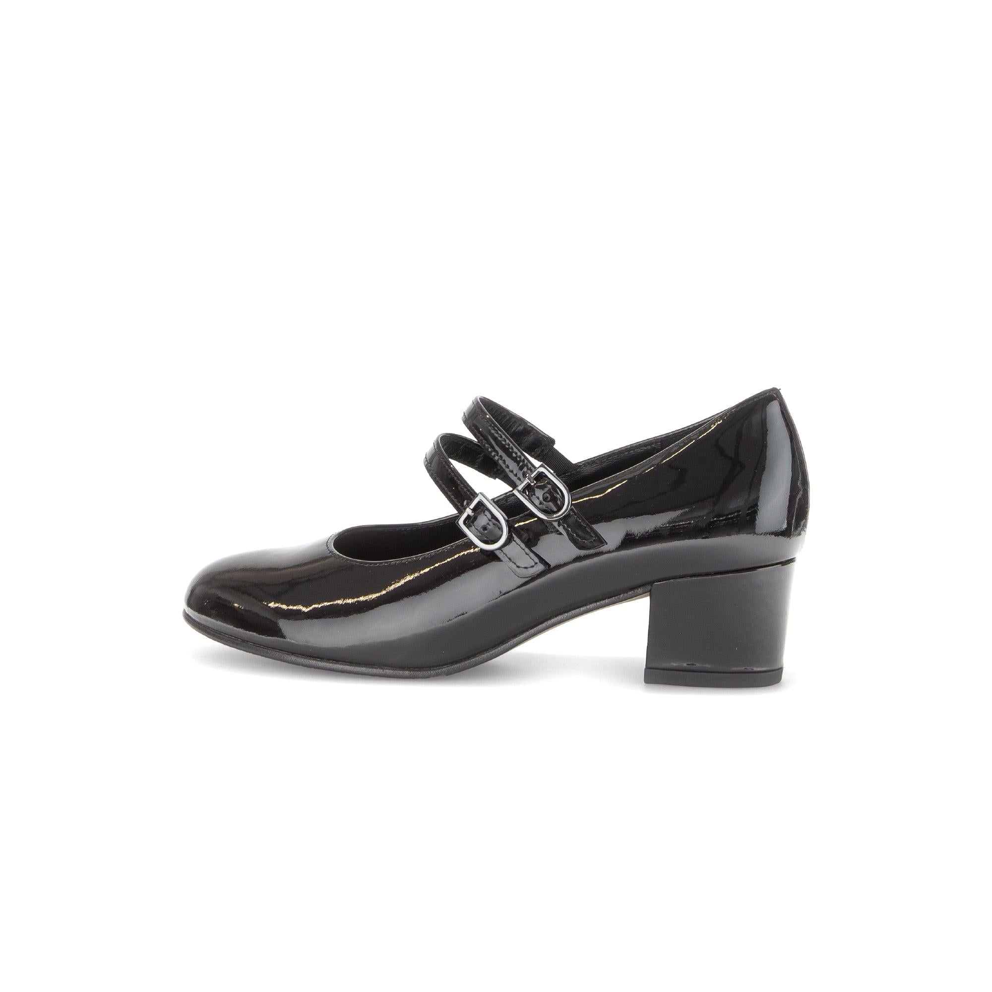 Gabor Belva women's black patent leather buckleHeels with double straps and block heel, stylish and elegant footwear.