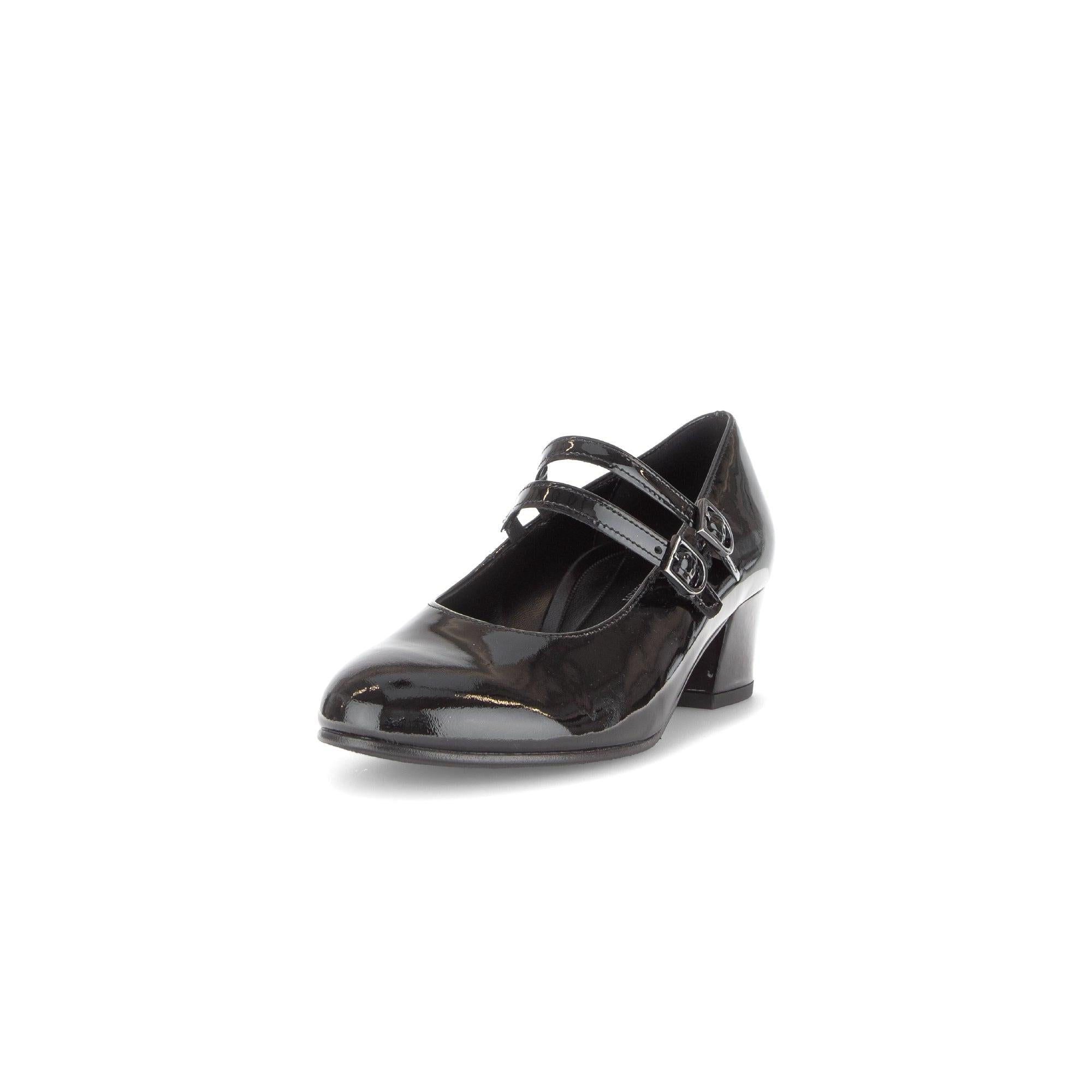 Gabor Belva black patent leather women's buckle heel shoes with dual straps and chunky heel.